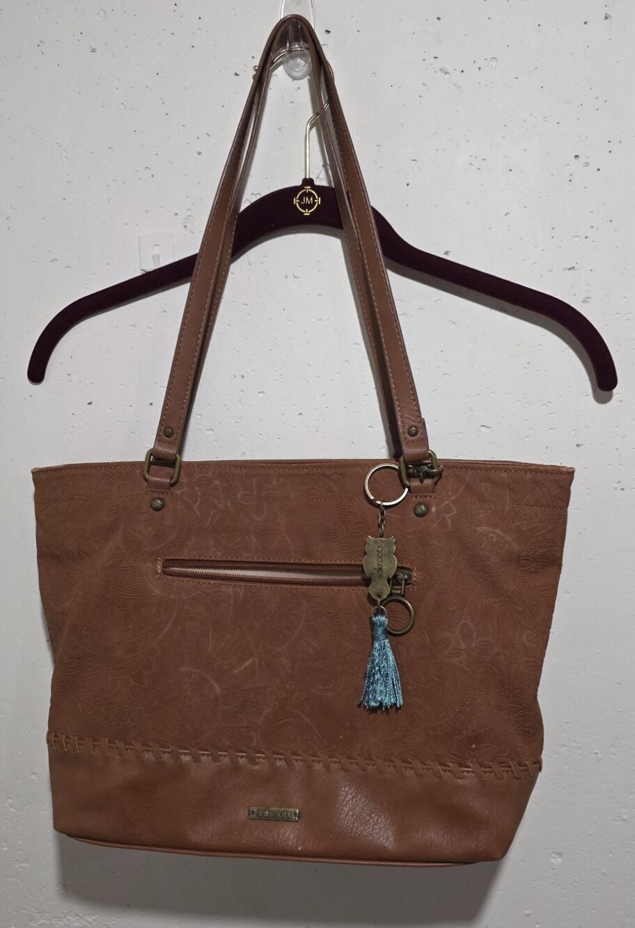 Sakroots Brown Embossed Floral Tote Bag Purse Vegan Leather Tassel Boho